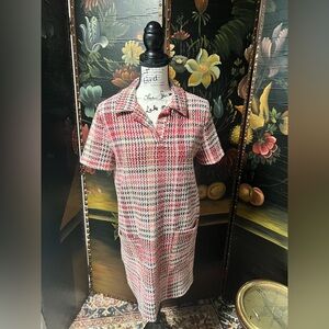 Zara Tweed Dress Pink Mix Cotton Blend Collared Short Sleeve (D4)